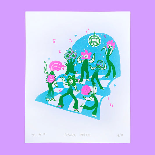 Flower Party Risograph Print - AQUA Colorway