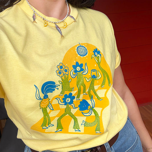 1 LEFT - MEDIUM - Flower Party Screen Printed T-Shirt - YELLOW