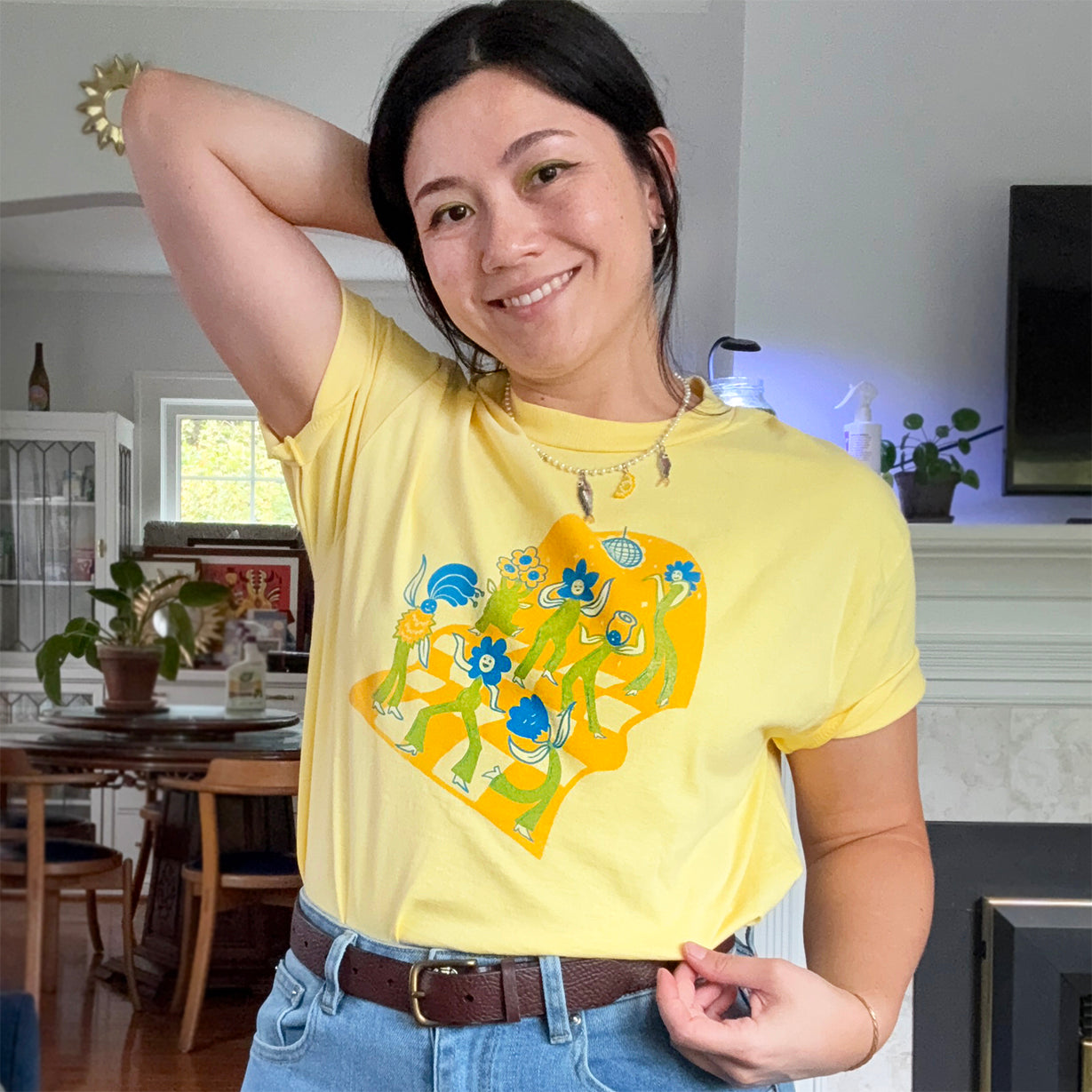 1 LEFT - MEDIUM - Flower Party Screen Printed T-Shirt - YELLOW