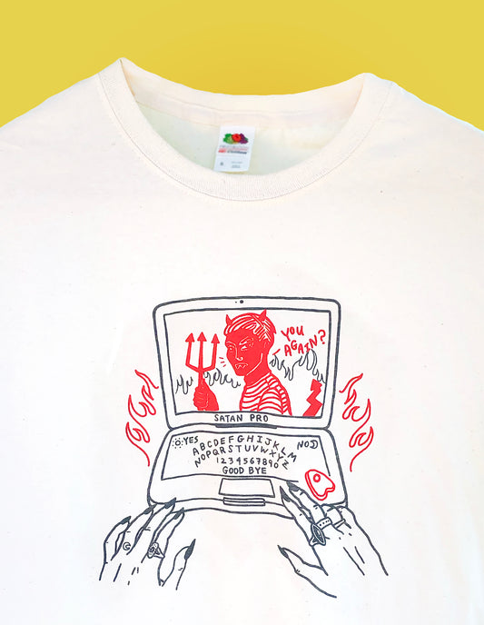 Satanic Web Cotton Screen Printed T Shirt - Cream