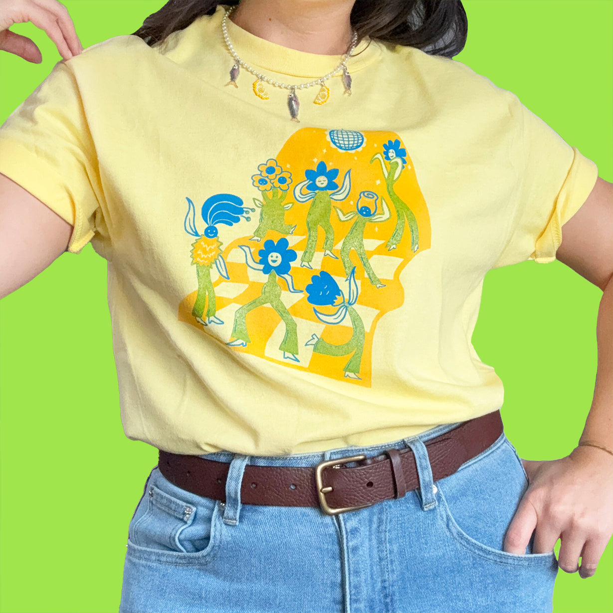 1 LEFT - MEDIUM - Flower Party Screen Printed T-Shirt - YELLOW