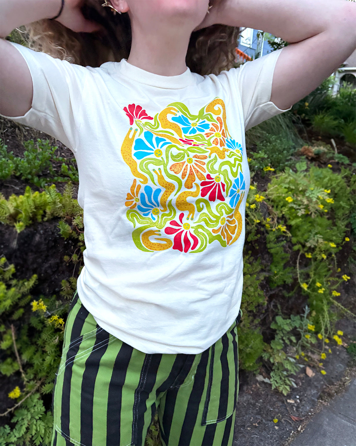 Sluggo's Garden Cotton Screen Printed T Shirt- Cream