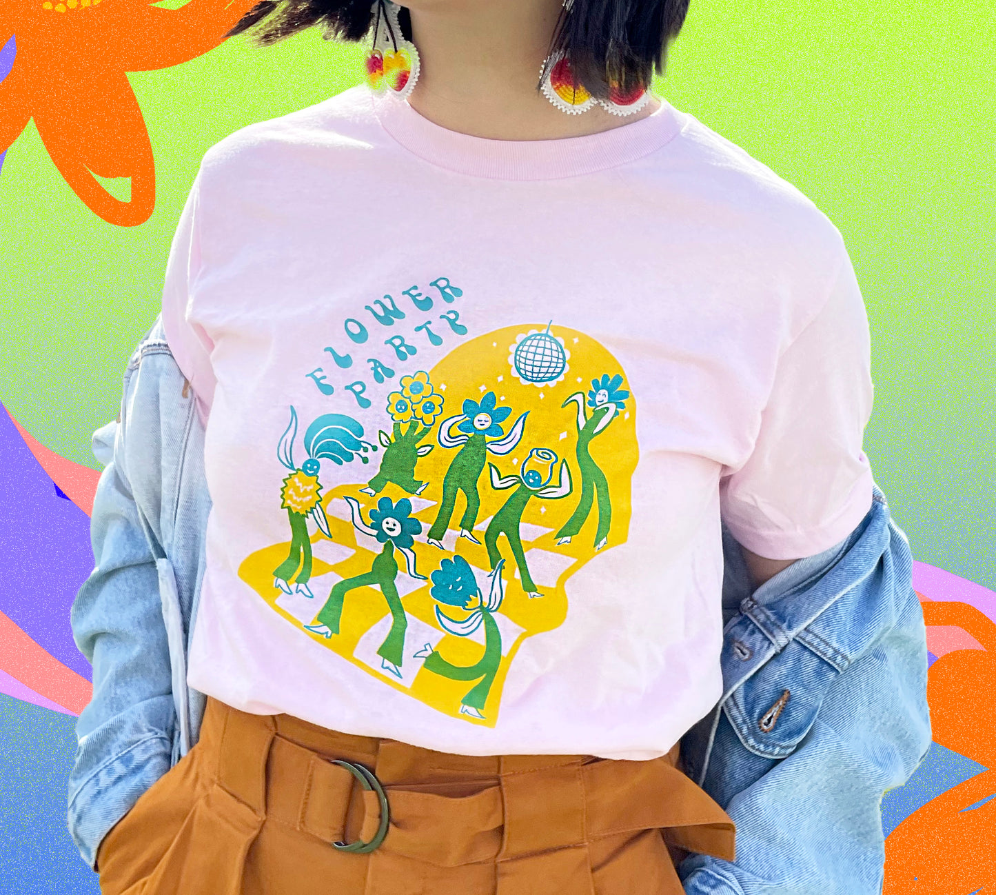 1 LEFT - LARGE - Flower Party Screen Printed T-Shirt - PINK