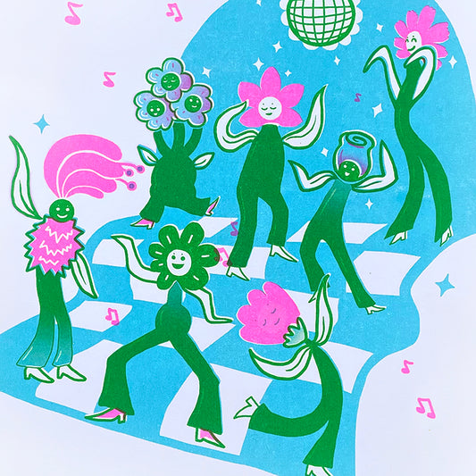 Flower Party Risograph Print - AQUA Colorway